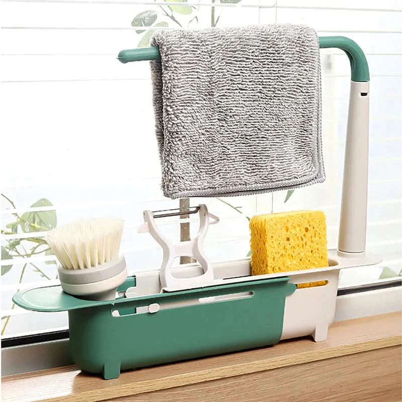 Adjustable Sink Organiser Caddy | Expandable Sliding Base & Integrated Towel Rack | Keeps Sponges Dry, Sink Spotless