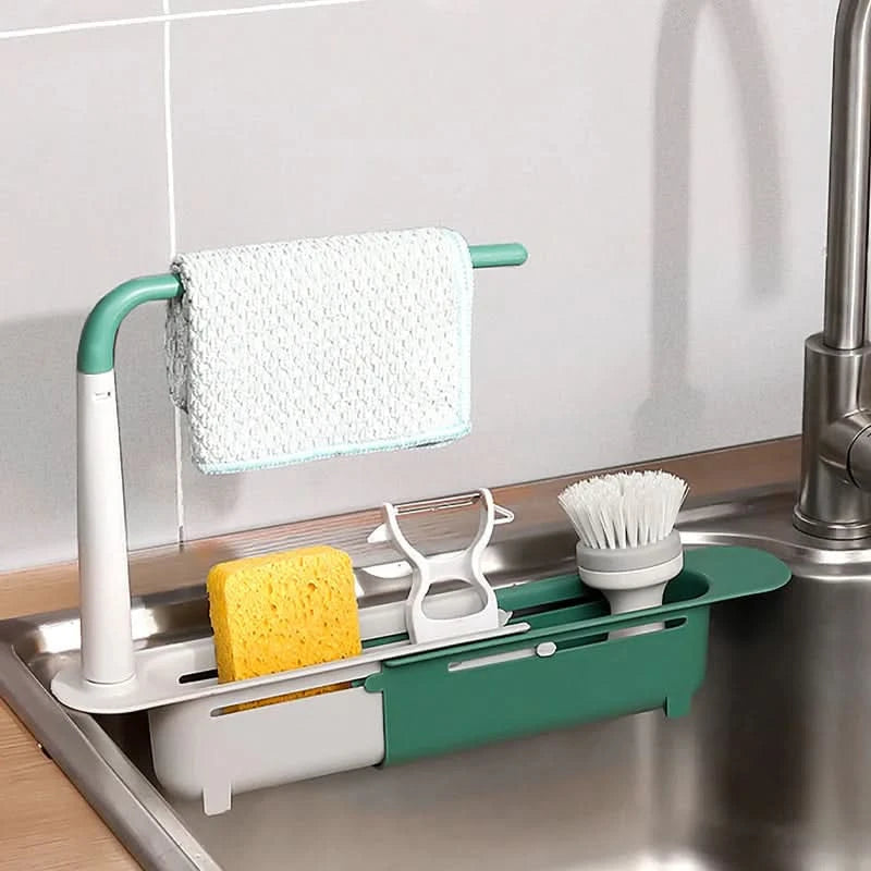 Adjustable Sink Organiser Caddy | Expandable Sliding Base & Integrated Towel Rack | Keeps Sponges Dry, Sink Spotless