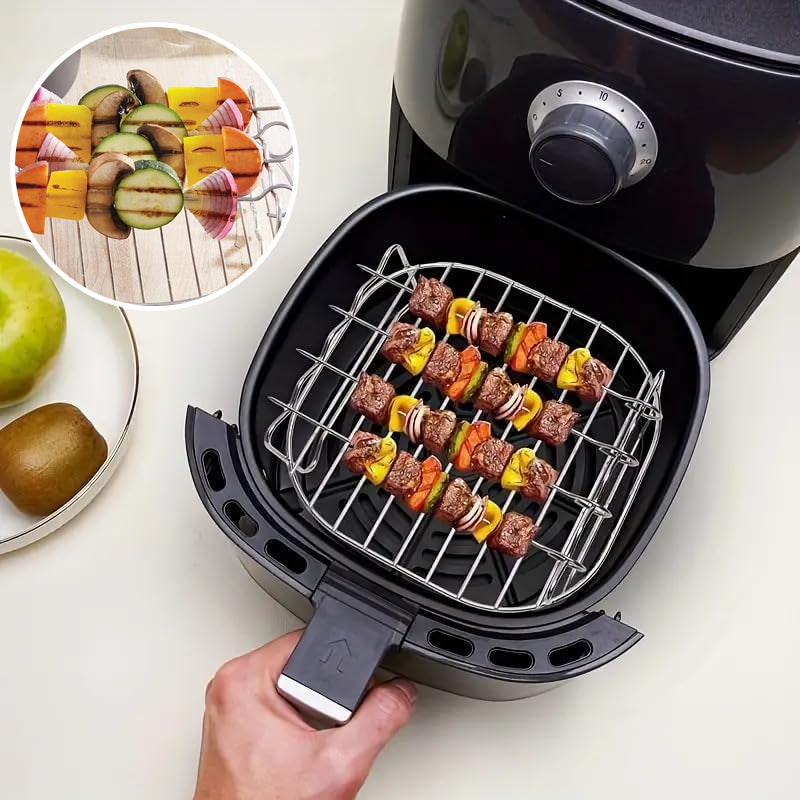 Air Fryer Rack Stainless Steel | Double-Layer with 4 Roasting Skewers | Dishwasher-Safe Kitchen Accessory for Men