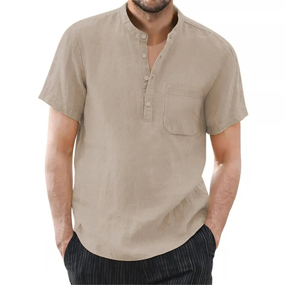 Archer | Men's Linen Shirt - Band Collar Short Sleeve Design 1