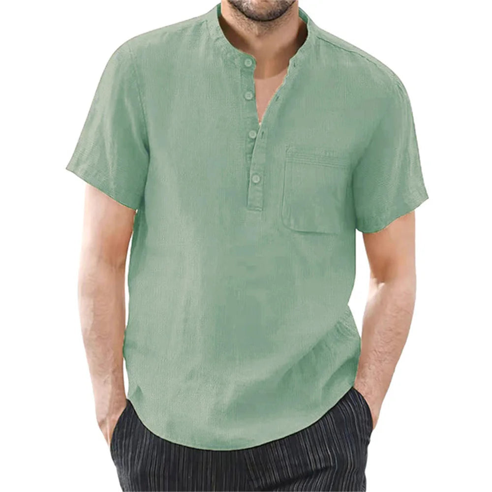 Archer | Men's Linen Shirt - Band Collar Short Sleeve Design 3