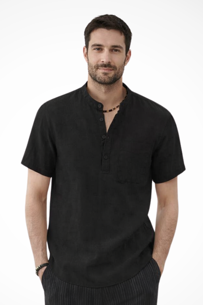 Archer | Men's Linen Shirt - Band Collar Short Sleeve Design 4