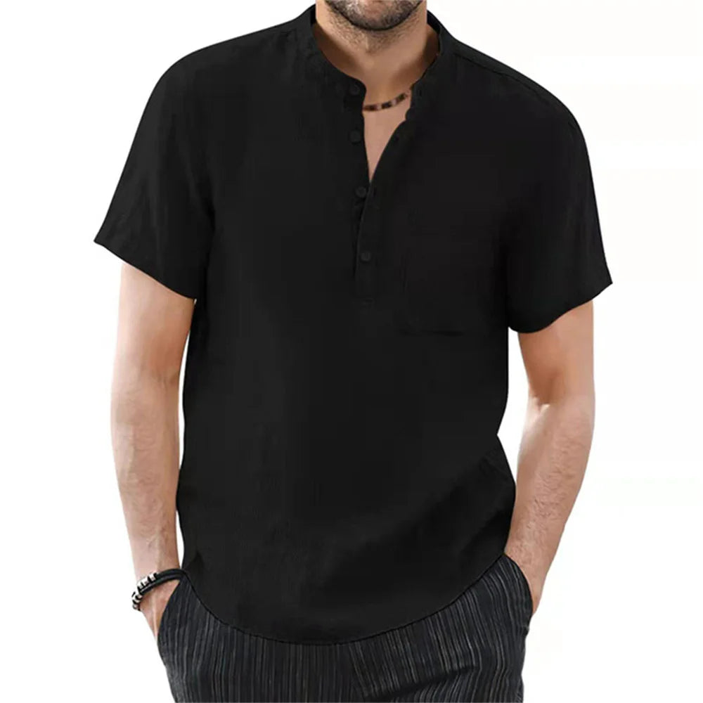 Archer | Men's Linen Shirt - Band Collar Short Sleeve Design 5