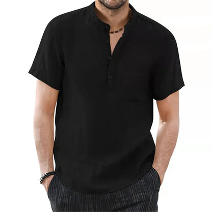 Archer | Men's Linen Shirt - Band Collar Short Sleeve Design 5