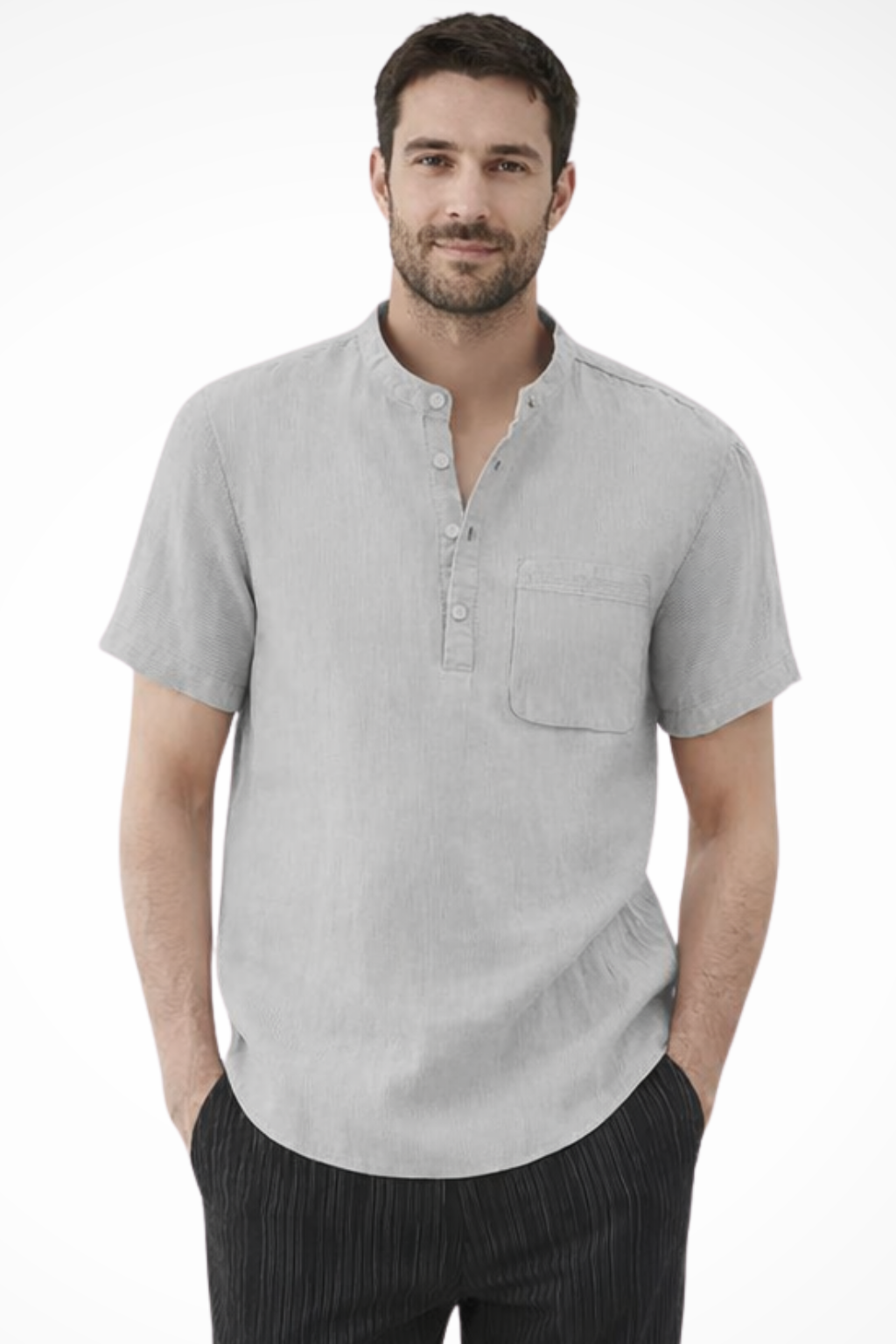 Archer | Men's Linen Shirt - Band Collar Short Sleeve Design 6