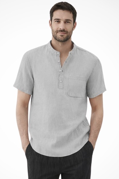 Archer | Men's Linen Shirt - Band Collar Short Sleeve Design 6