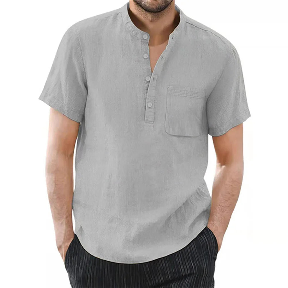 Archer | Men's Linen Shirt - Band Collar Short Sleeve Design 7