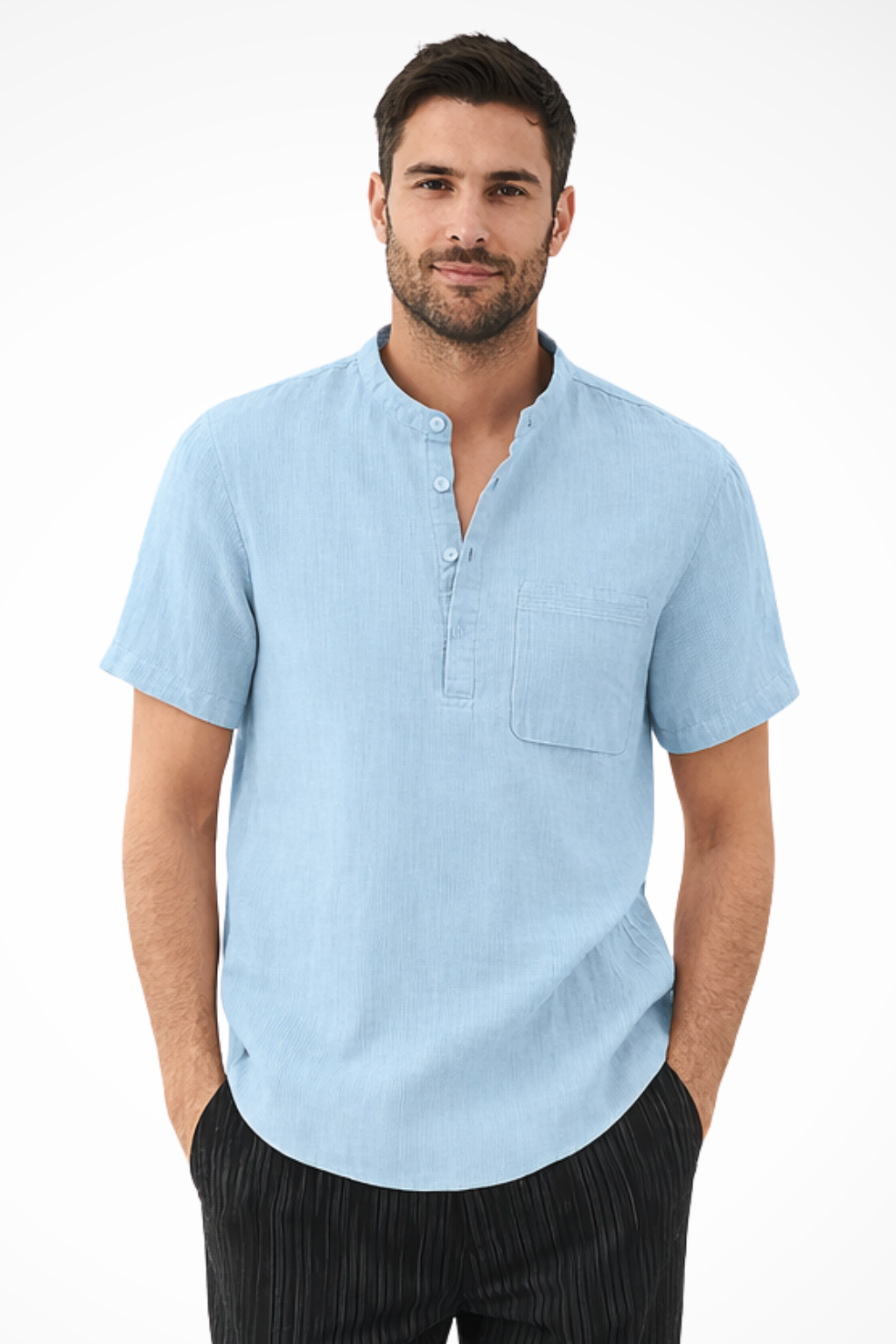 Archer | Men's Linen Shirt - Band Collar Short Sleeve Design 9