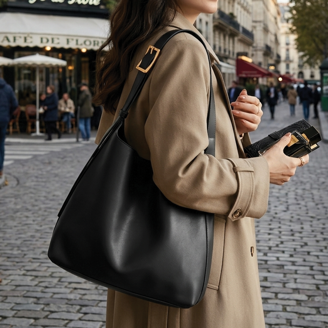 Aria | Black Shoulder Bag - Vegan Leather, Structured Design