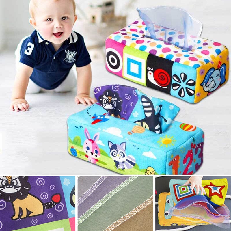 Baby Sensory Crinkle Tissue Box Toy | Soft Cotton with Colourful Scarves | Supports Fine Motor Skills Development