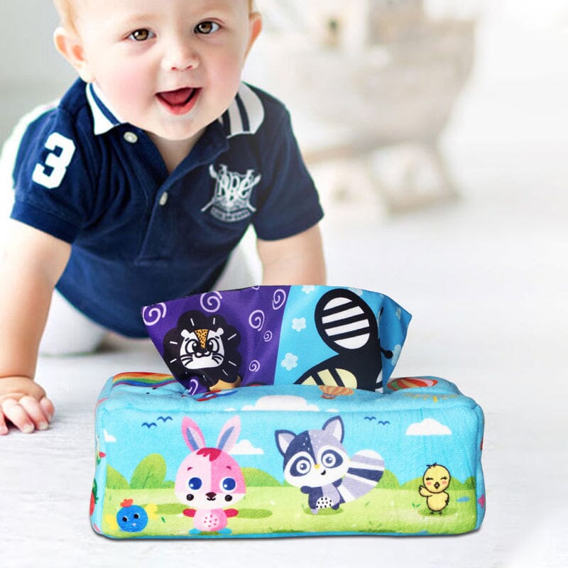 Baby Sensory Crinkle Tissue Box Toy | Soft Cotton with Colourful Scarves | Supports Fine Motor Skills Development