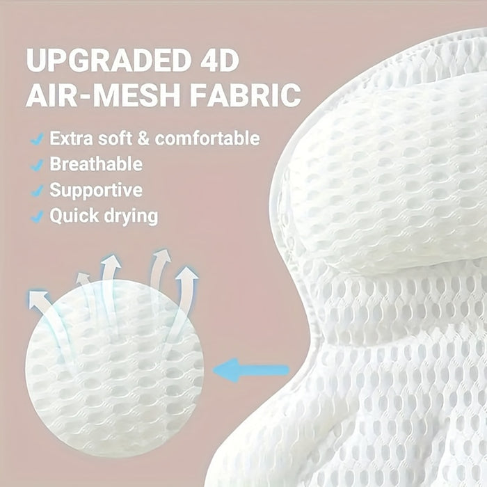 Bath Pillow for Neck and Back Support | Six Suction Cups, Secure Fit | Breathable, Quick-Drying, Mould-Resistant Mesh
