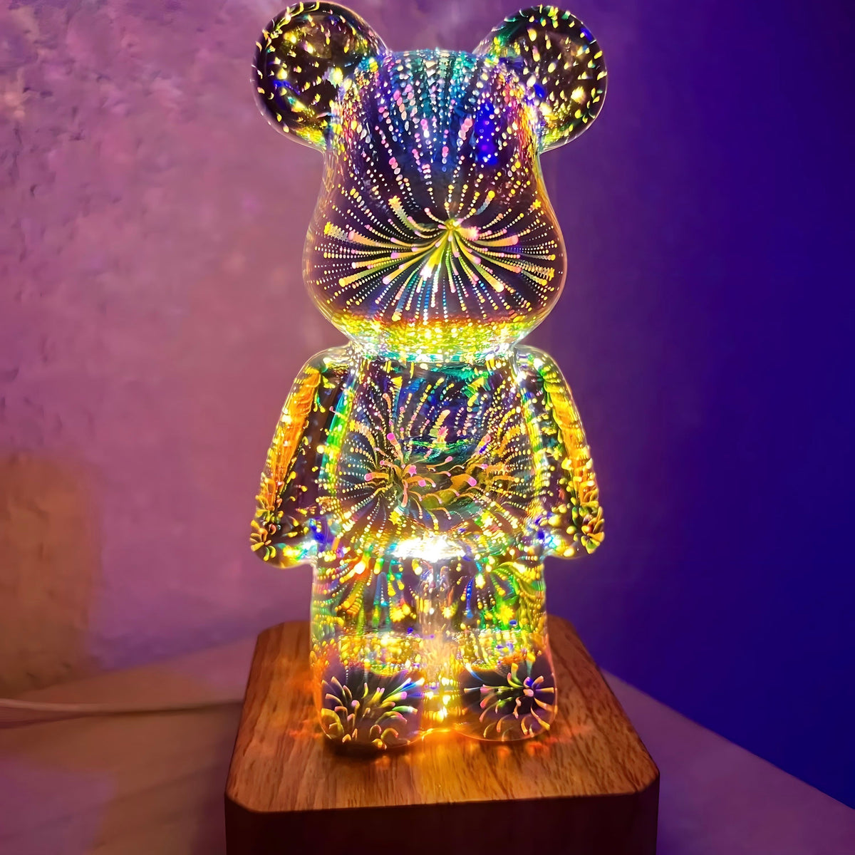 Bear Table Lamp Glass | Silver Glass, 7 Colours | USB LED Night Light, Wood-Look Base, Colour-Changing Decor Light