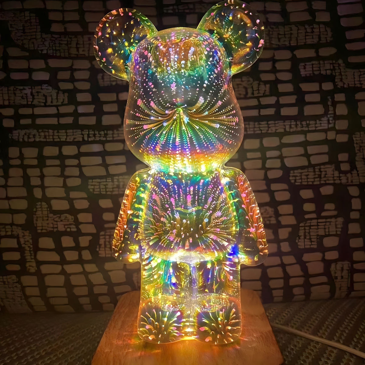 Bear Table Lamp Glass | Silver Glass, 7 Colours | USB LED Night Light, Wood-Look Base, Colour-Changing Decor Light