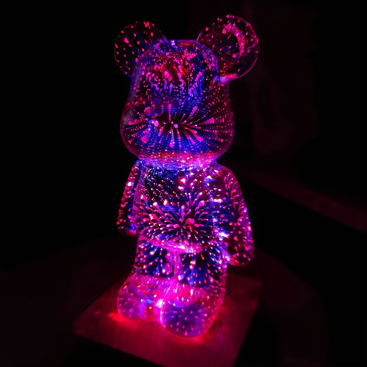 Bear Table Lamp Glass | Silver Glass, 7 Colours | USB LED Night Light, Wood-Look Base, Colour-Changing Decor Light