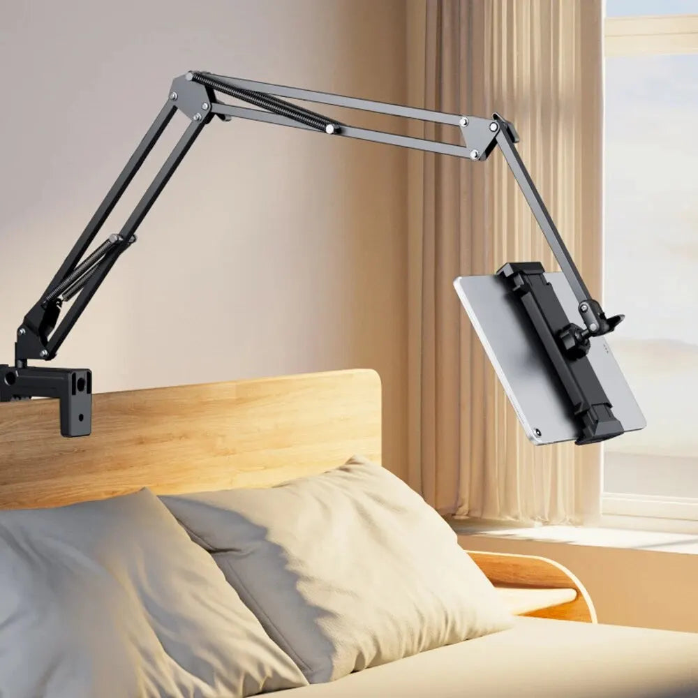 Bed Tablet Stand | Folding Spring Arm, Screw Clamp Base
