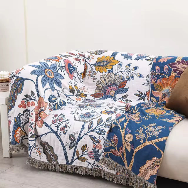 Floral Throw Blanket Cotton 200 x 230cm | Double-Sided Reversible Pattern | Decorative Tassel Trim for Bed & Sofa 3
