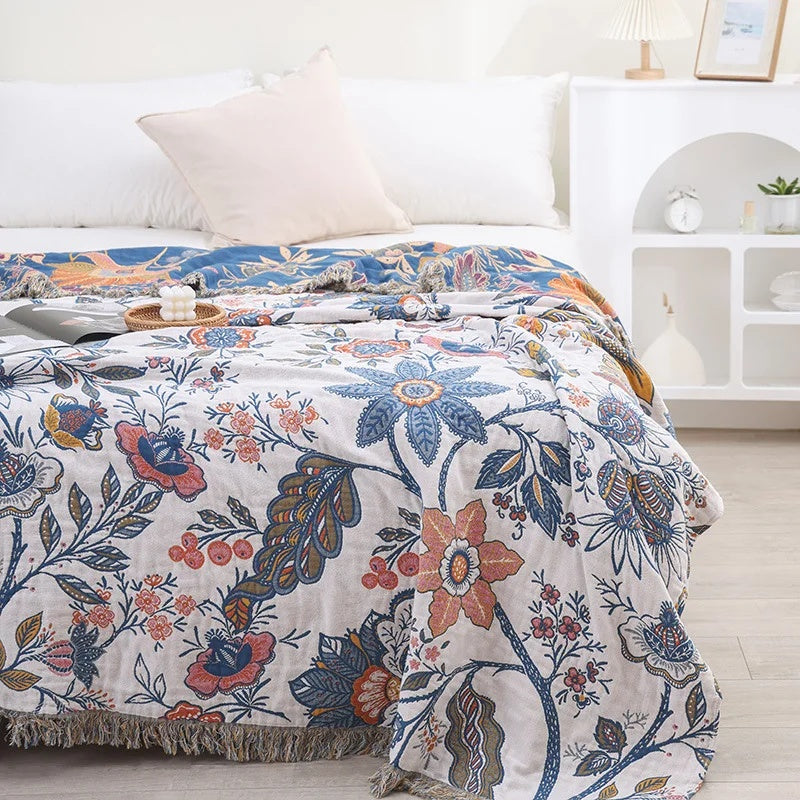 Floral Throw Blanket Cotton 200 x 230cm | Double-Sided Reversible Pattern | Decorative Tassel Trim for Bed & Sofa 8