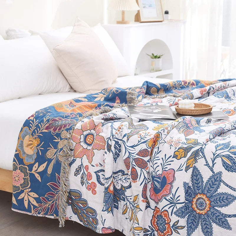 Floral Throw Blanket Cotton 200 x 230cm | Double-Sided Reversible Pattern | Decorative Tassel Trim for Bed & Sofa 1