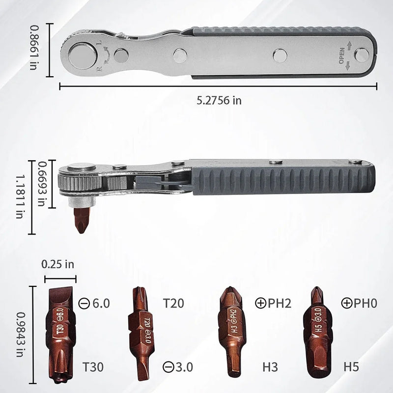 Bidirectional Ratchet Screwdriver Set CRV Steel | 4 Hex Bits Stored in Handle | Compact Reversible Design for Tight Spaces
