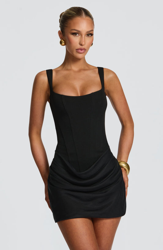 Women's Mini Dress – Structured Crepe Bodice Cowl Overlay
