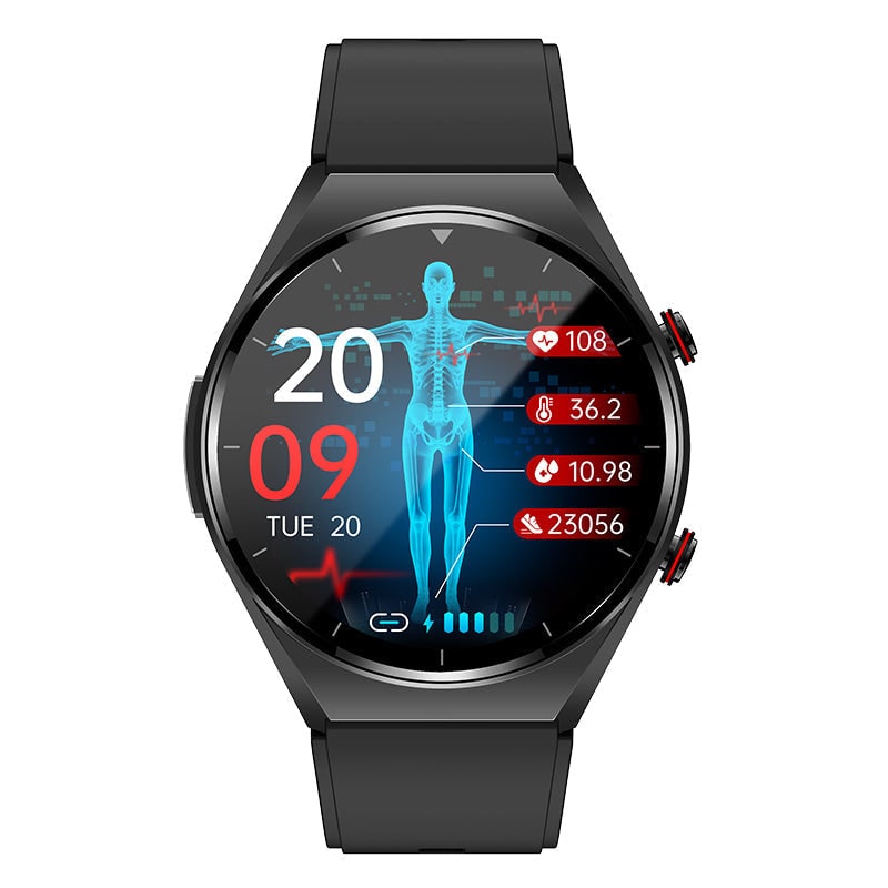 Blood Pressure Smartwatch Round Face | Heart Rate, ECG & HRV Monitoring | Adjustable Silicone Strap, Black or Silver