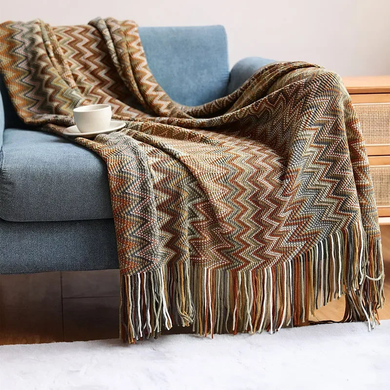 Bohemian Throw Blanket | CozyVibe Knitted Tassel Throw with Chevron Pattern