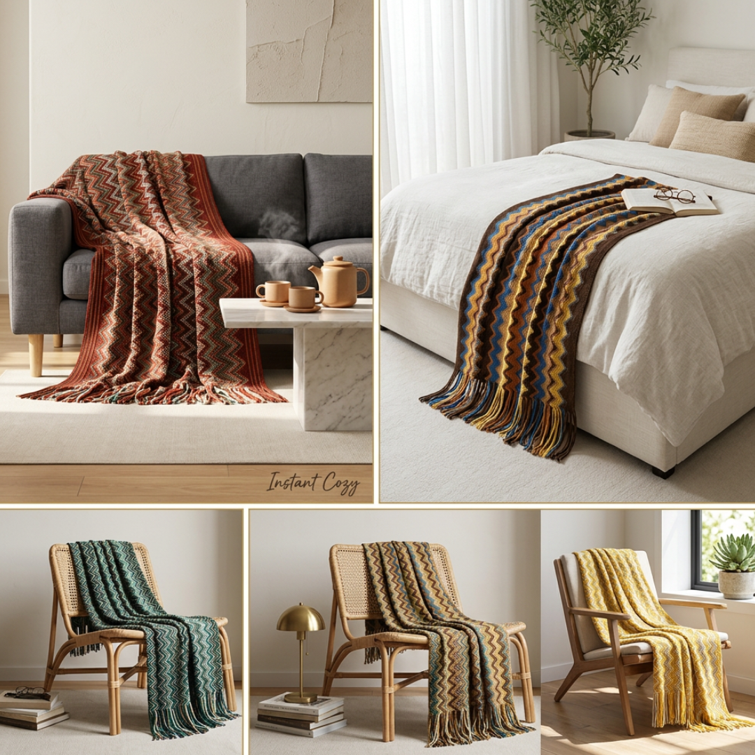 Bohemian Throw Blanket | CozyVibe Knitted Tassel Throw with Chevron Pattern