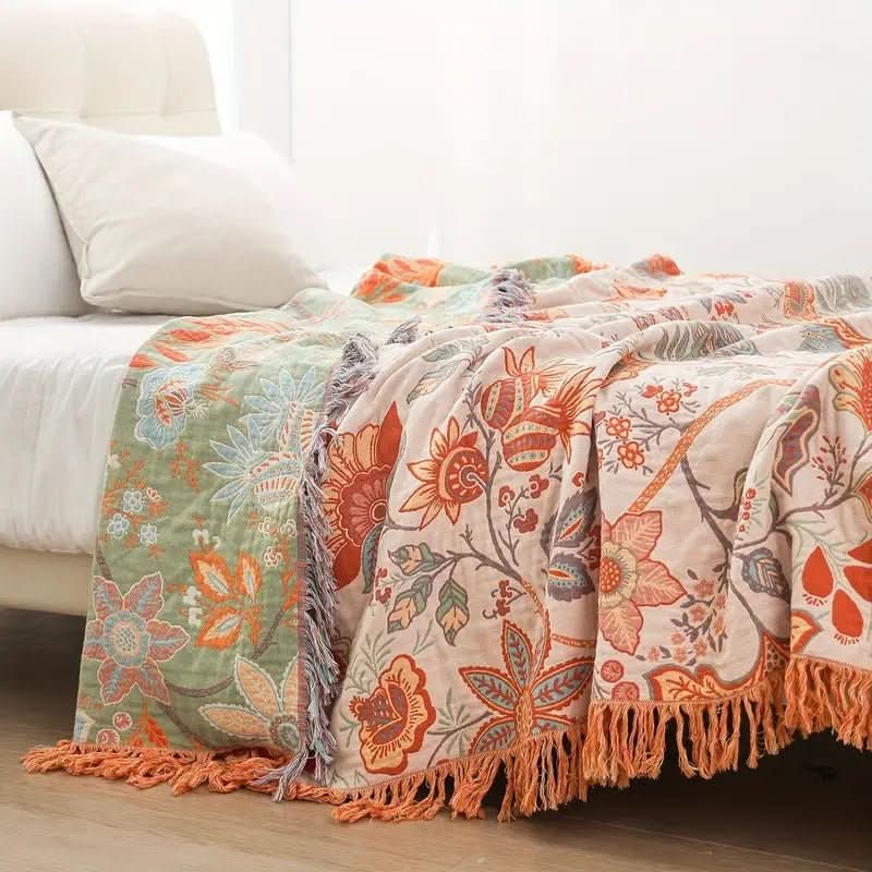 Boho-Chic – Cotton Throw Blanket with Floral Pattern 1