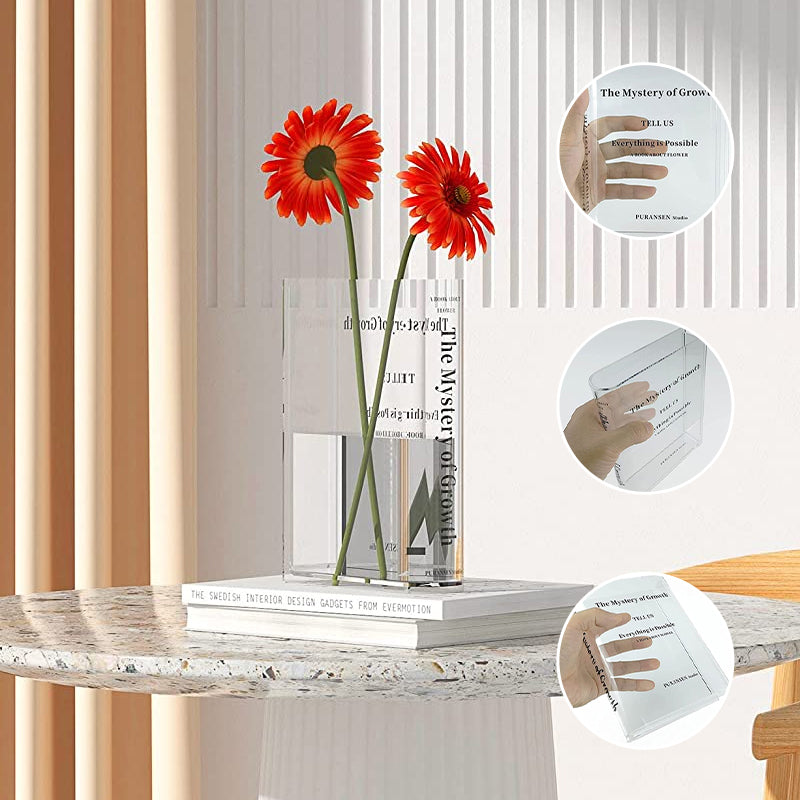 Book Shape Acrylic Vase | Clear Shatterproof Design | Stable Lightweight Centrepiece for Flowers, Gems & Lights