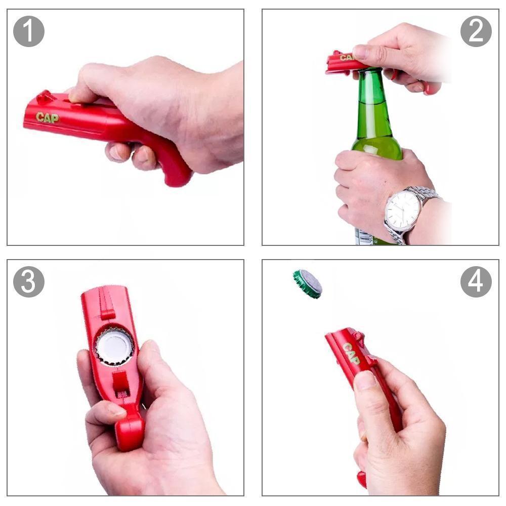 Bottle Cap Shooter Bottle Opener | Magnetic Cap Hold & Launch Mechanism | Fun Pull-Trigger Bottle Opening Tool