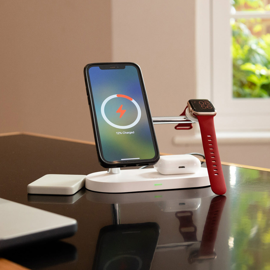 4-in-1 Wireless Charging Station | 15W Fast Charging for Phone, Watch & Earbuds | Magnetic Alignment with Touch LED Base 4