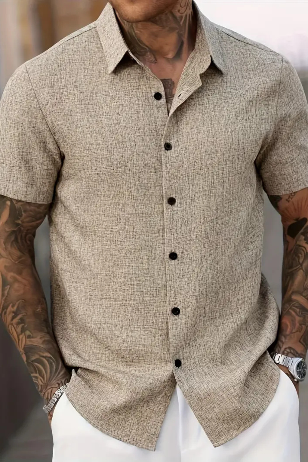Callum | Men's Shirt - Short Sleeve Cotton with Textured Fabric 7