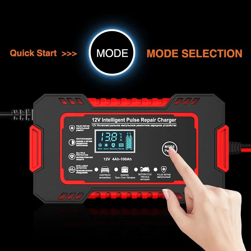 Car Battery Charger 12V 6A | Smart Pulse Charging & LCD Display | Compatible with AGM, Gel & Lead-Acid Batteries