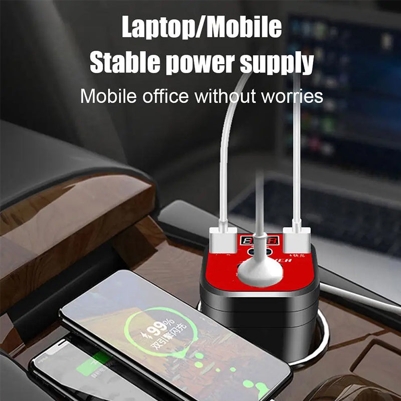 Car Power Inverter Cup Holder Design | 200W DC 12V to AC 220V Converter | Dual AC Outlets 3 USB QC3.0 Fast Charger