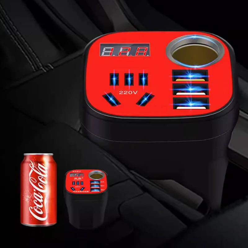 Car Power Inverter Cup Holder Design | 200W DC 12V to AC 220V Converter | Dual AC Outlets 3 USB QC3.0 Fast Charger
