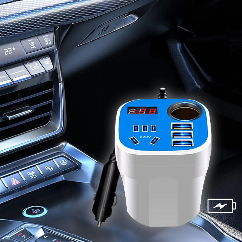 Car Power Inverter Cup Holder Design | 200W DC 12V to AC 220V Converter | Dual AC Outlets 3 USB QC3.0 Fast Charger