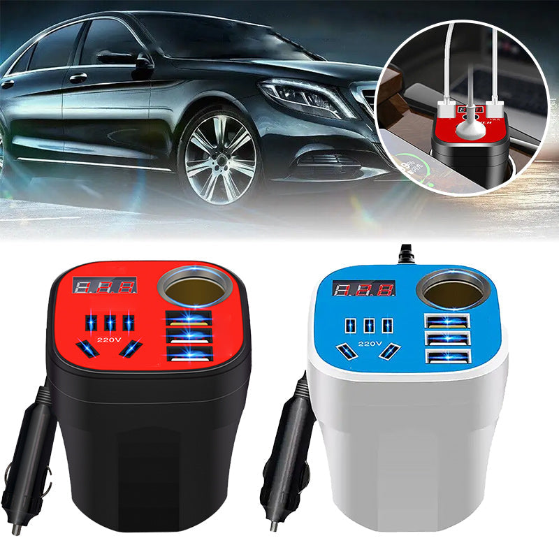 Car Power Inverter Cup Holder Design | 200W DC 12V to AC 220V Converter | Dual AC Outlets 3 USB QC3.0 Fast Charger