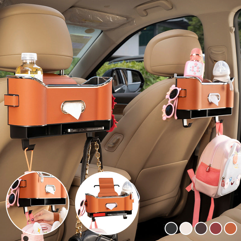 Car Seat Back Storage Box Leather | Hanging Organiser with Partitions and Hooks | Keeps Items Within Easy Reach
