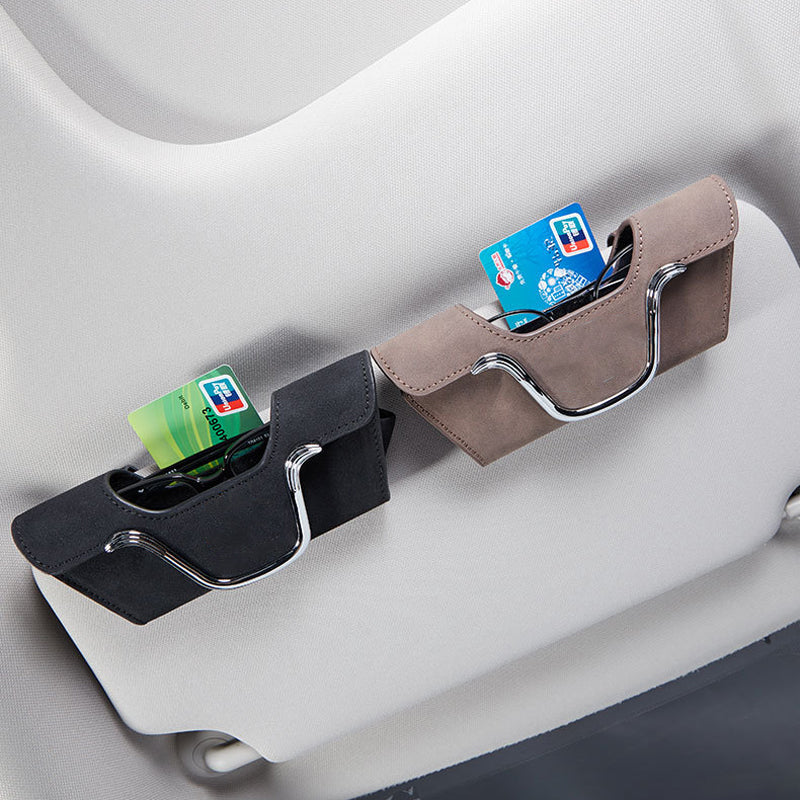 Car Sun Visor Glasses Holder Faux Leather | Magnetic Buckle Clip-On Case | Universal Fit for Sunglasses & Cards