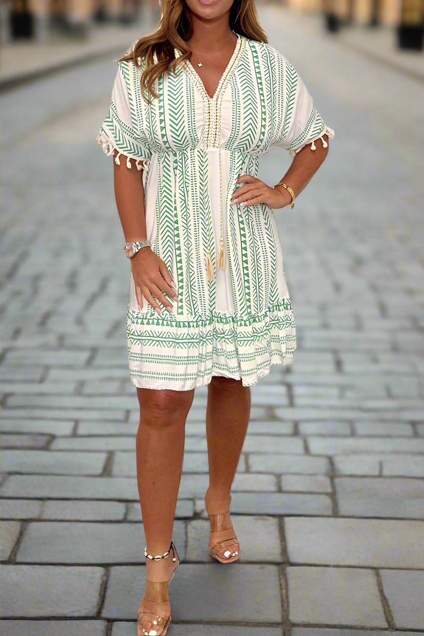 Womens Dress Collection | White Printed Midi Dress with V-Neck - Flowy Plus Size Options for Summer Outings 4