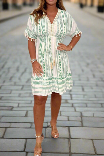 Womens Dress Collection | White Printed Midi Dress with V-Neck - Flowy Plus Size Options for Summer Outings 4