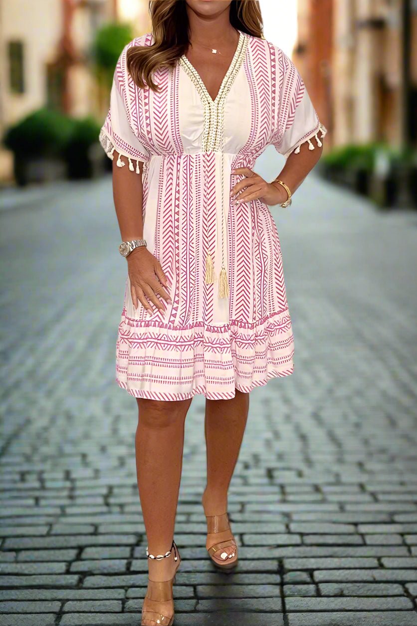 Womens Dress Collection | White Printed Midi Dress with V-Neck - Flowy Plus Size Options for Summer Outings 2