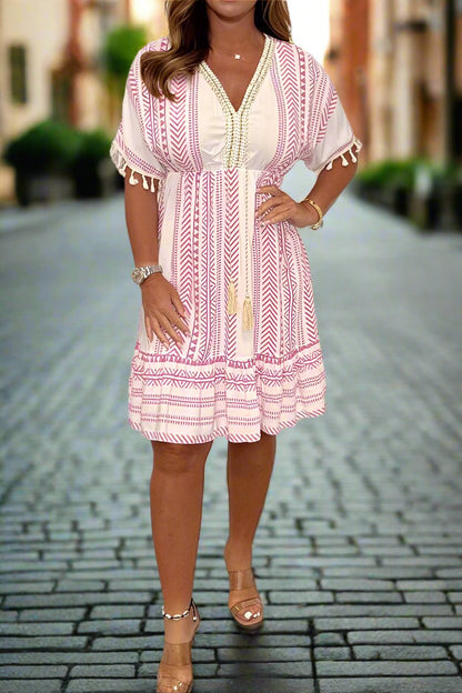 Womens Dress Collection | White Printed Midi Dress with V-Neck - Flowy Plus Size Options for Summer Outings 2