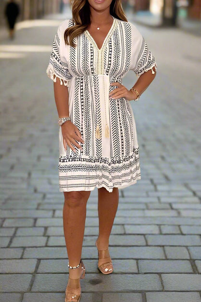 Womens Dress Collection | White Printed Midi Dress with V-Neck - Flowy Plus Size Options for Summer Outings 3
