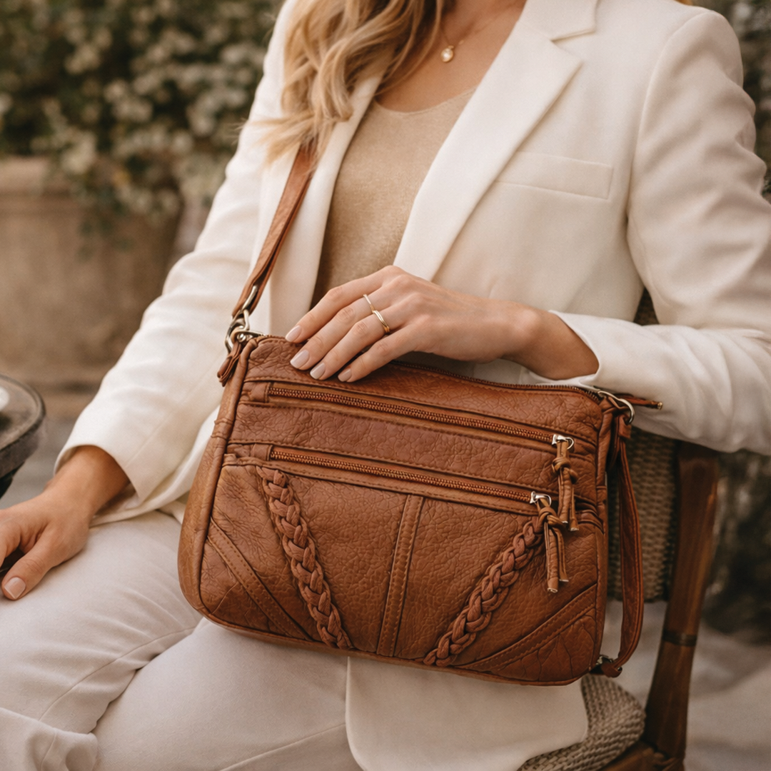 Catherine | Vegan Leather Crossbody Bag – Multi-Zippered Compartments