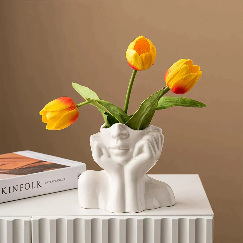 Ceramic Face Vase, Medium or Large | Elegant, Glamorous and Refined Styles | Sculptural Decor for Living Room and Office