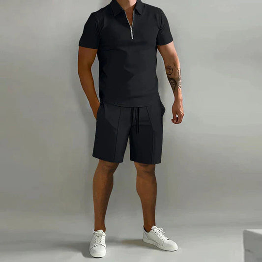 Charcoal | Men's Outfit – Polo and Drawstring Shorts Set With Zip Design 0