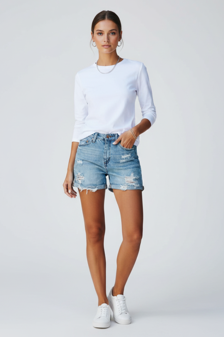 Charlotte | Women's Denim Shorts – Distressed Fringe Hem Design 0