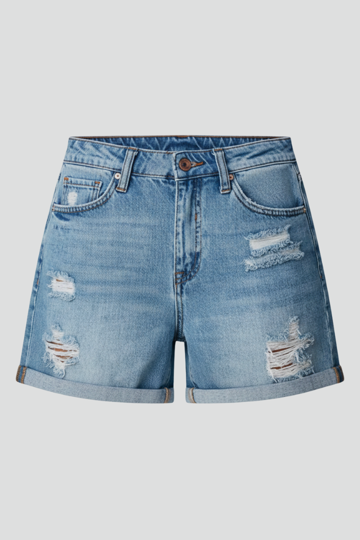 Charlotte | Women's Denim Shorts – Distressed Fringe Hem Design 1